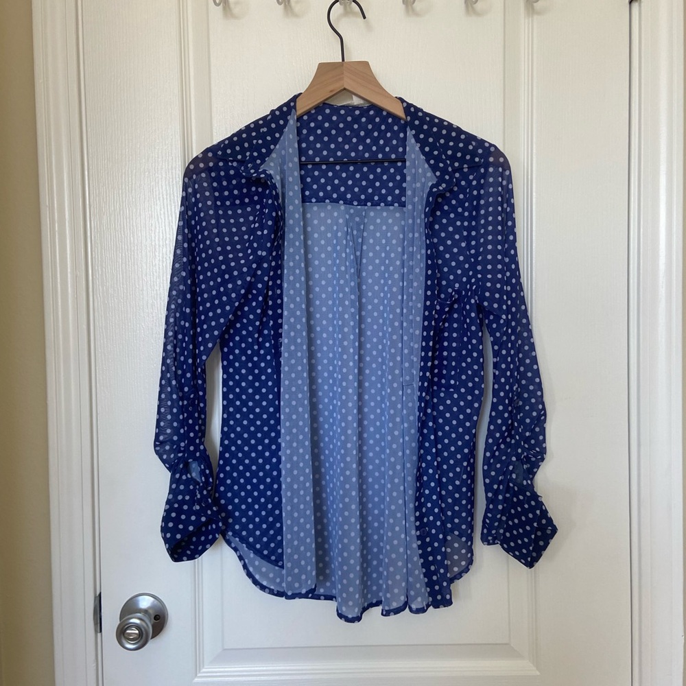 Eden & Olivia Navy Polka Dot Sheer Button Down Shirt